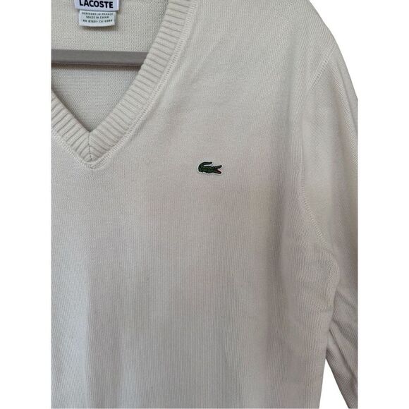 Lacoste Mens Cream V-neck Long Sleeve Ribbed Trim Logo Pullover Sweater Size 5 - Picture 9 of 9